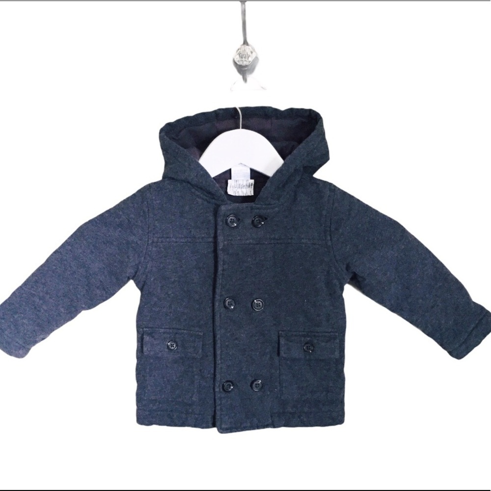 GYMBOREE Toddler Boys Cotton Duffle Pea Coat Grey Hooded Jacket 18M 2T Preppy